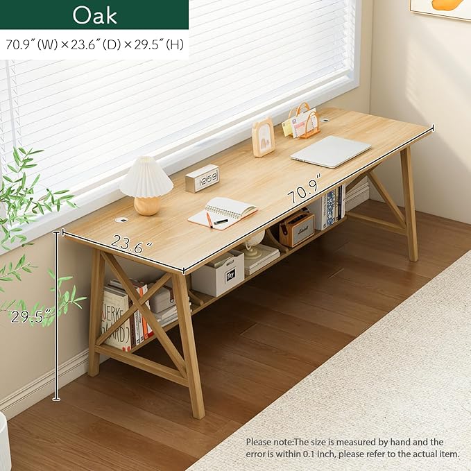 Extra Long Desk with Bookshelf - Wooden Home Office Work Study Table, 2-Person Writing Computer Workstation with Storage Shelf in Oak, 71" Wx24 Dx30 H