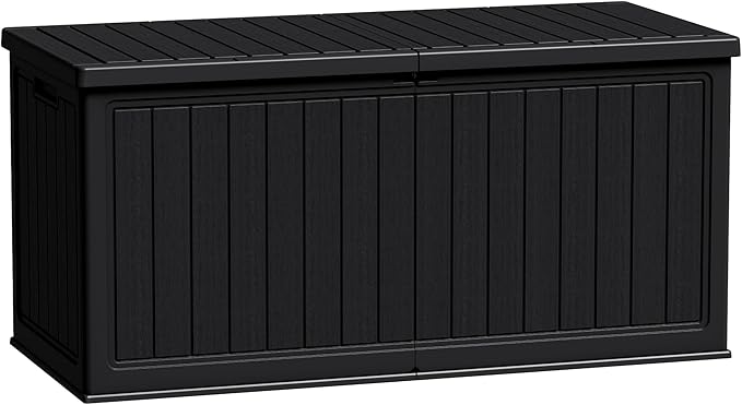 Flamaker Resin Deck Box 270 Gallon, Waterproof Imitation-Wood Lockable Storage Box with Separator Plate Outdoor Indoor, Garden, Patio Furniture for Tools&Pool Accessories (Black)