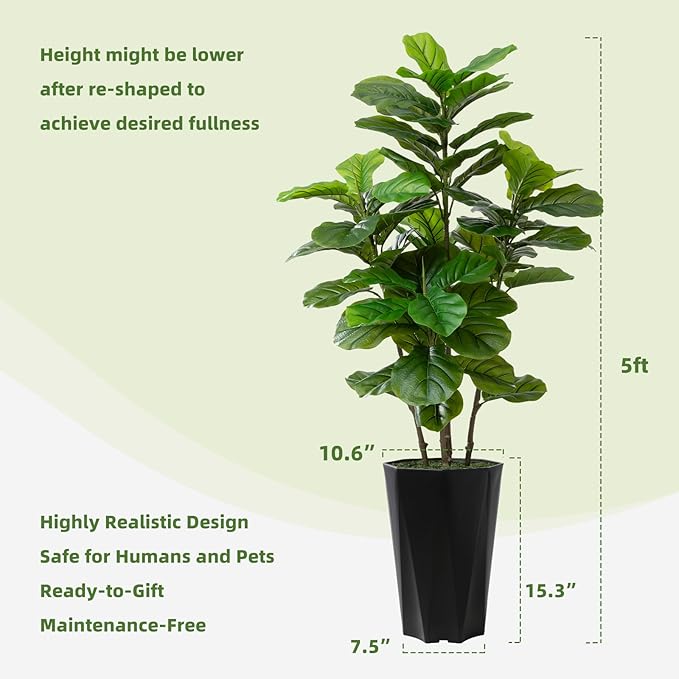 Artificial Fiddle Leaf Fig Tree 5FT - Faux Fig Tree with Black Diamond Planter - Tall Fake Floor Plant Potted - Artificial Silk Tree for Home Office Living Room Decor Indoor