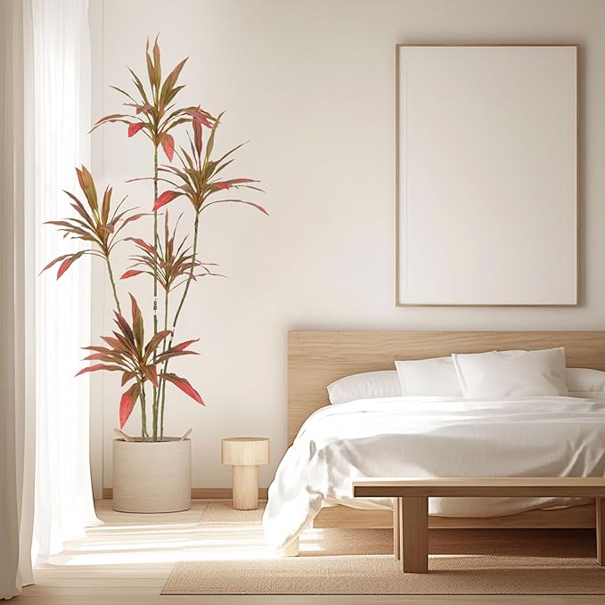 Artificial Cordyline Plant, Indoor Potted Plant, 5 Stems with Black Planter, Suitable for Large Indoor Living Room Decorations, Potted Plants, and Window Display Scenes (Red-6ft)