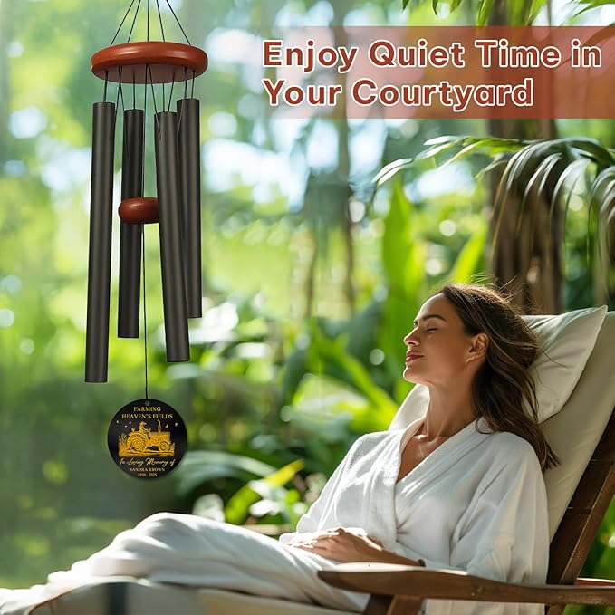 Personalized Farmer Memorial Wind Chime – “Farming Heaven’s Fields” Custom Name & Years – Outdoor Sympathy Gift for Farming Families – Tractor Design Memorial Windchimes for Loss of Loved One