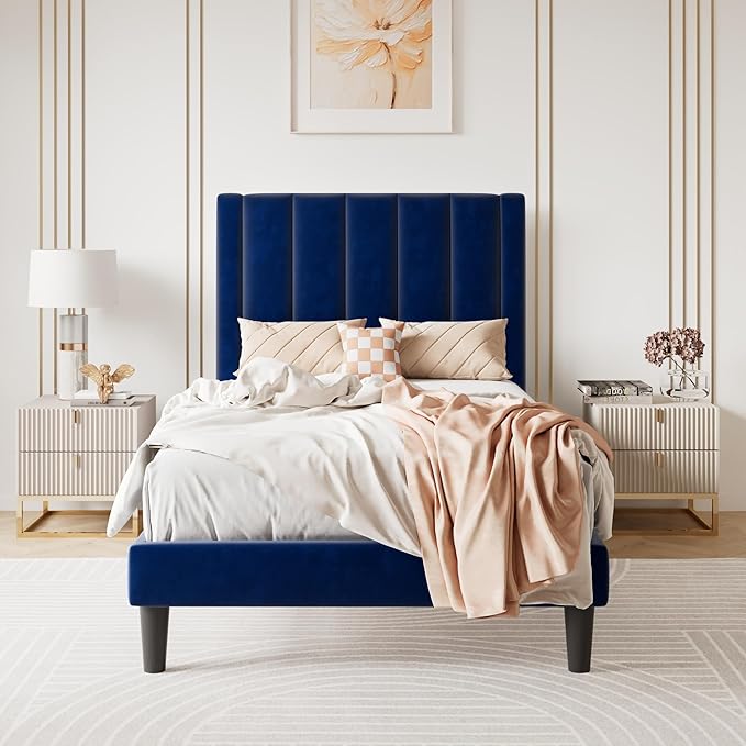 SHA CERLIN Twin Bed Frame/Velvet Upholstered Platform Bed Frame with Headboard/Strong Wood Slats Support/Mattress Foundation/No Box Spring Needed - Dark Blue
