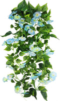 CISDUEO 2 Pcs Artificial Vines for Outdoors Silk Morning Glory Vines 15Feet Hanging Plants Blue Flowers Garland Fake Green Plant Morning Glories for Home Decor Wall Fence Wedding Hanging Baskets