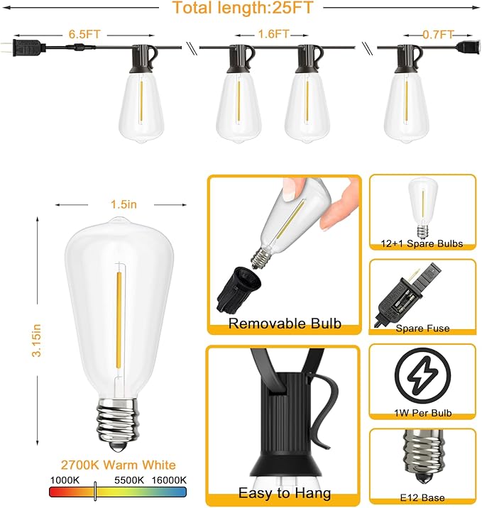 Svater Outdoor String Lights 25 FT, Patio Lights with 13 pcs Shatterproof Dimmable Vintage Edison ST38 Bulbs, Weatherproof Warm White Light for Patio, Backyard, Garden, Bistro