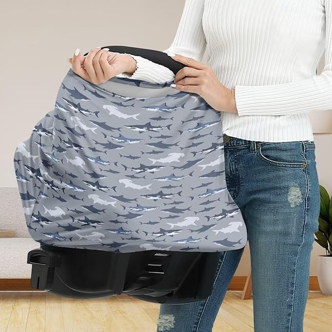 AFPANQZ Shark Stretchy Baby Car Seat Nursing Breastfeeding Cover Kit Super Breathable Multiuse Infant Carseat Canopy Stroller Cover Scarf for All Seasons Girl Boy Baby