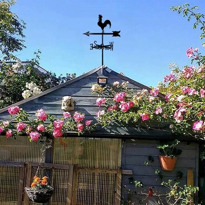 Rooster Weathervane Silhouette Art Black Metal Cock Wind Vanes Indicator Kit Outdoor Bracket for Garden Roof Yard Building (G)