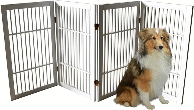 Pet Dog Gate Strong and Durable Freestanding Folding Acacia Hardwood Portable Wooden Fence Indoors or Outdoors by Urnporium (White Pet Gate, 4 Panel 30" Tall)