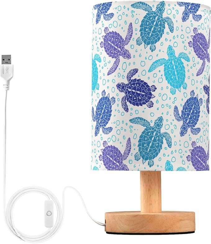 Table Lamp Sea Turtle Ocean Bubble Pattern Marine Animal World Turtles Nightstand Lamp with Wood Base Fabric Lamp Shade Bedside Desk Lamp for Living Room Bedroom Kids Room Office