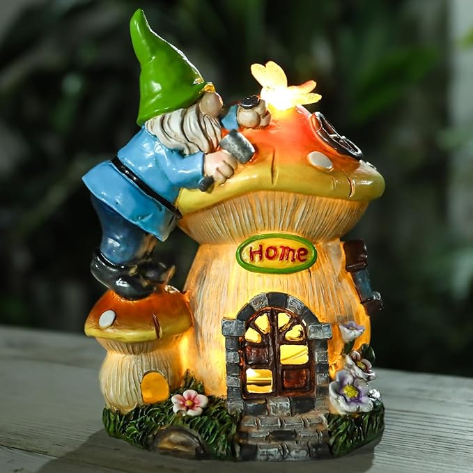 Garden Gnome Statue - Solar Powered Gnome Lights Decoration Outdoor Figurines for Yard with Gnome Building Mushroom House, Lawn Ornaments for Porch Balcony Patio Decor, Gifts for Mom Grandma