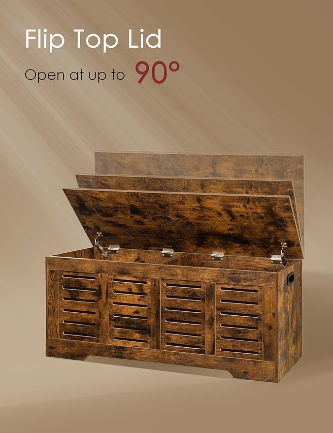 DINZI LVJ Storage Chest, 47.3” Wooden Toy Box with 2 Safety Hinges, Retro Entryway Shoe Storage Bench with Flip-Top, Sturdy Large Storage Trunk for Living Room, Bedroom, Easy Assembly, Rustic Brown