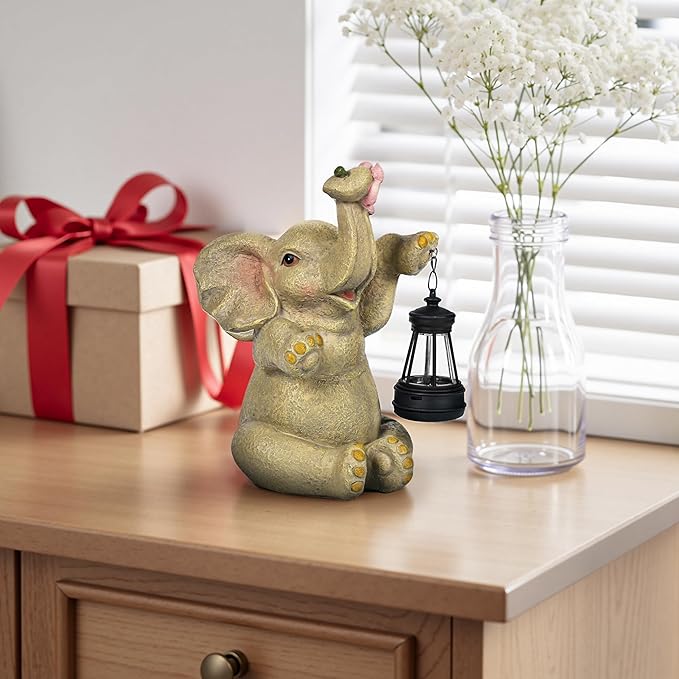 GIGALUMI Solar Garden Statues Elephant with Lantern Elephant Gifts for Women Birthday Gifts for Mom. Elephants Figurine Solar Garden Decor Outdoor Statues for Yard, Patio, Balcony, Lawn, Pond