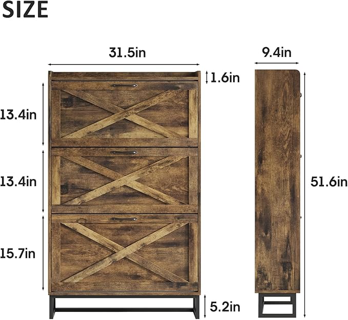 Maupvit Shoe Storage Cabinet with 3 Flip Drawers, Freestanding Organizer with Metal Legs for Entryway, Narrow Shoe Rack Cabinet, Rustic Brown