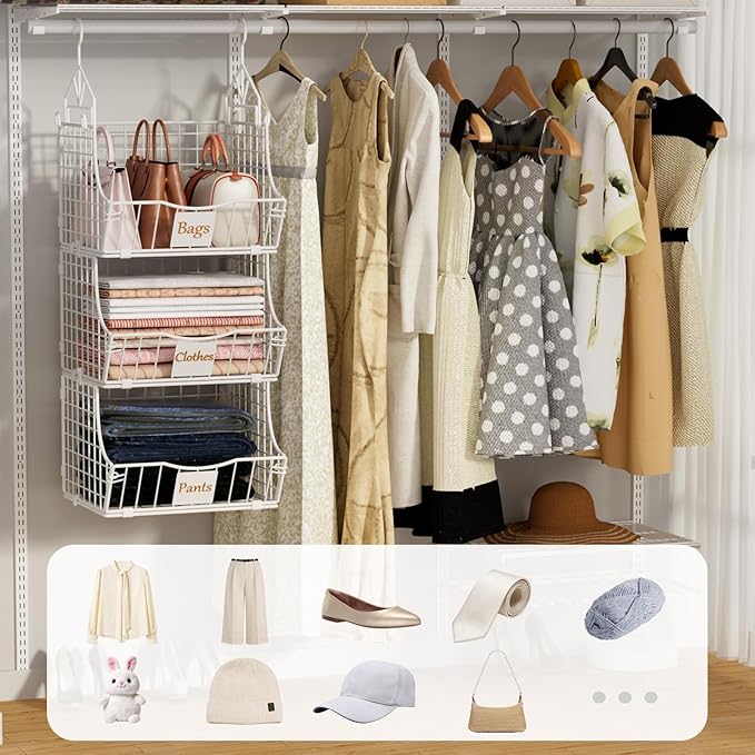 Hanging Closet Organizers and Storage, 3 Tier Closet Shelf Clothes Organizer