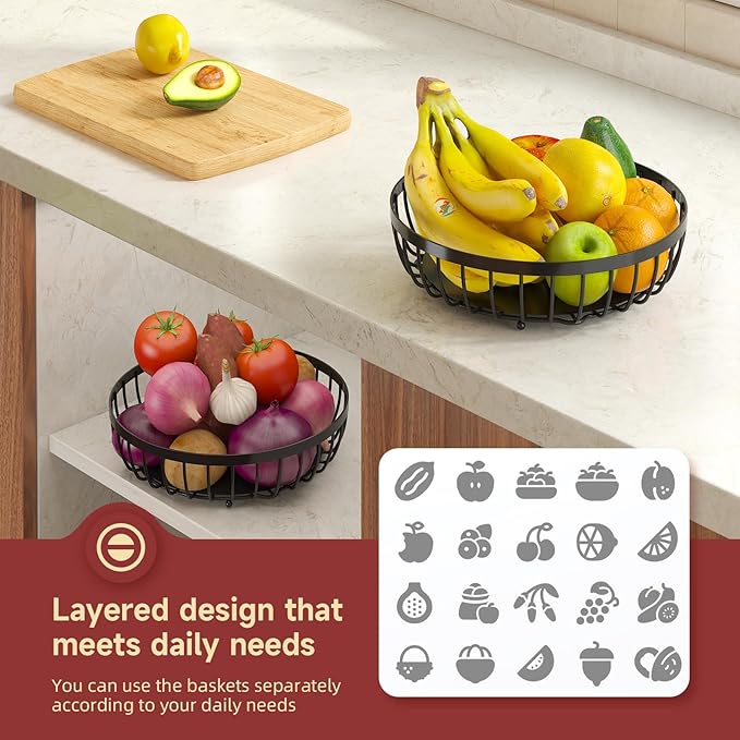 2 Tier Large Fruit Basket for Kitchen Counter
