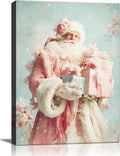 Pink Santa Christmas Canvas Wall Art - Elegant Winter Decor Framed Print for Girls Bedroom, Vintage Christmas Wall Art with Glitter Accents, Ready-to-Hang Christmas Gifts for Women