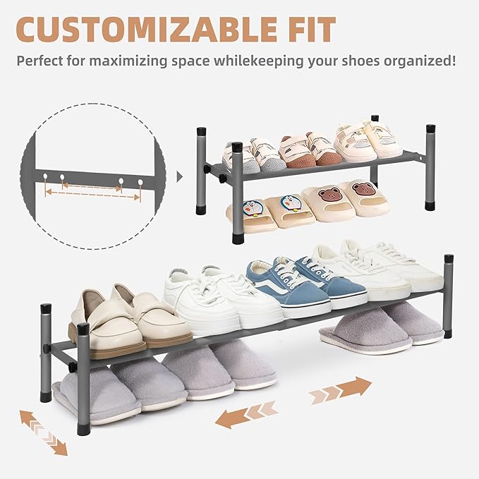 STORAGE MANIAC Expandable Shoe Rack, 4 Pairs Stackable Small Shoe Rack, Metal Adjustable Shoes Organizer for Closet, Entryway, Hallway, Garage, Front Door, Shoes Shelves, Black 1 Tier