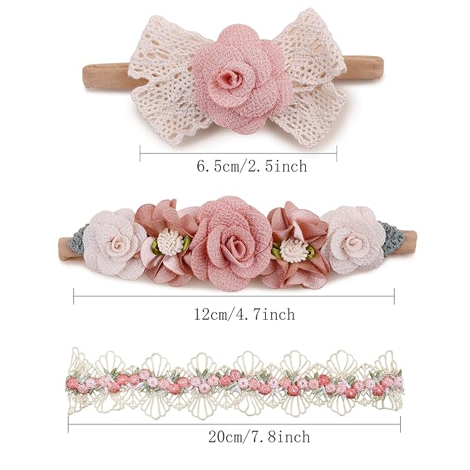 Baby Girl Nylon Headbands Flower Hair Bows Accessories-Elastic Hair Band Crown Handmade FLoral Wraps Birthday Gifts for Girls Newborn Infant Toddler 3Pcs