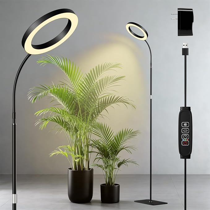 One Head Grow Lights for Indoor Plant Full Spectrum, Plant Lights for Indoor Growing with 3/9/12 Timer, 5 Dimmable Levels, Height Adjustable 16.5''-68", Strong Base for Large Plants