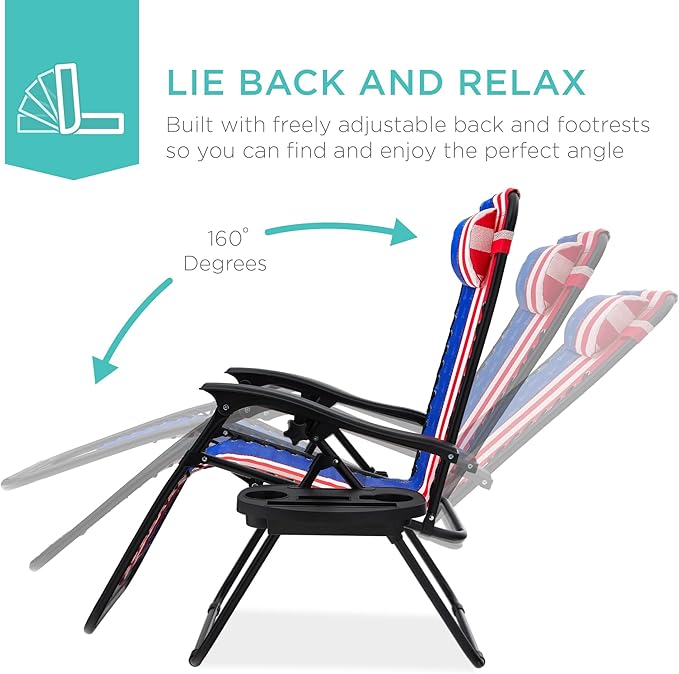 Best Choice Products Set of 2 Adjustable Steel Mesh Zero Gravity Lounge Chair Recliners w/Pillows and Cup Holder Trays - American Flag