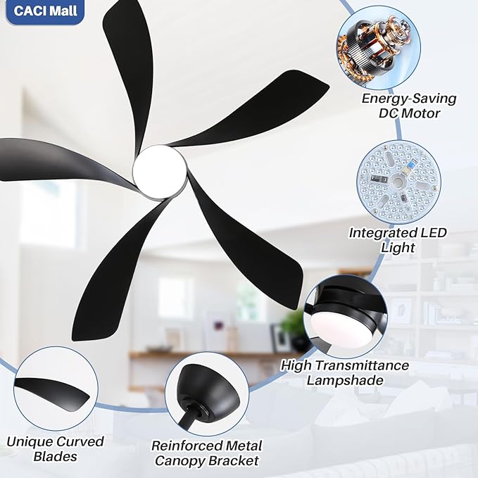 CACI Mall 52 inch Smart Ceiling Fan with Lights, Remote Control, Compatible with Alexa/Google/App, 5 Blades, Dimmable Lighting, Quiet, Indoor/Outdoor Ceiling Fans for Living Room, Bedroom, Patios
