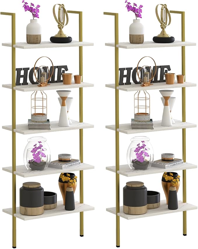 5 Tiers Ladder 2-Piece Shelf White Marble Modern Bookshelf Open Tall Wall Mount Bookcase Standing Leaning Wall Shelves Industrial Decorative