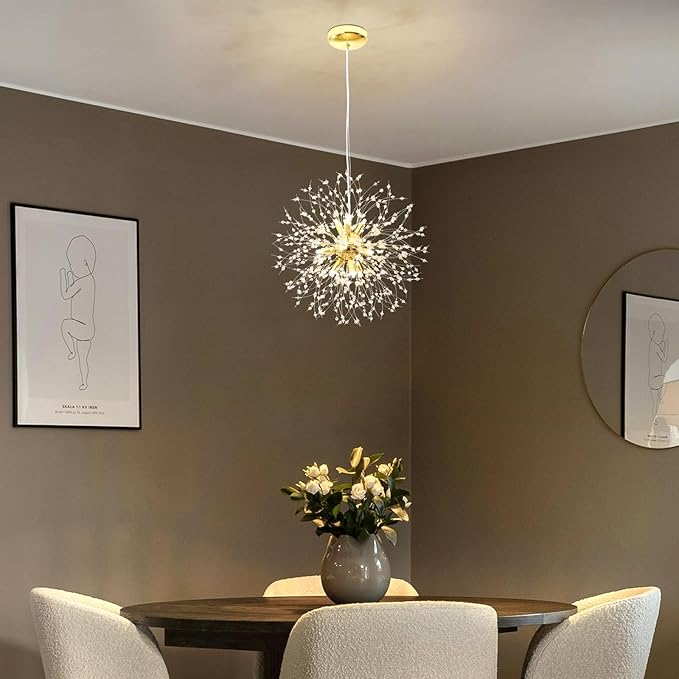 Modern Dandelion Firework Chandelier, Gold Bathroom Chandelier, Crystal Hanging Pendant Lighting Fixture for Dining Room, Bedroom, Entryway, Foyer, 9-Light