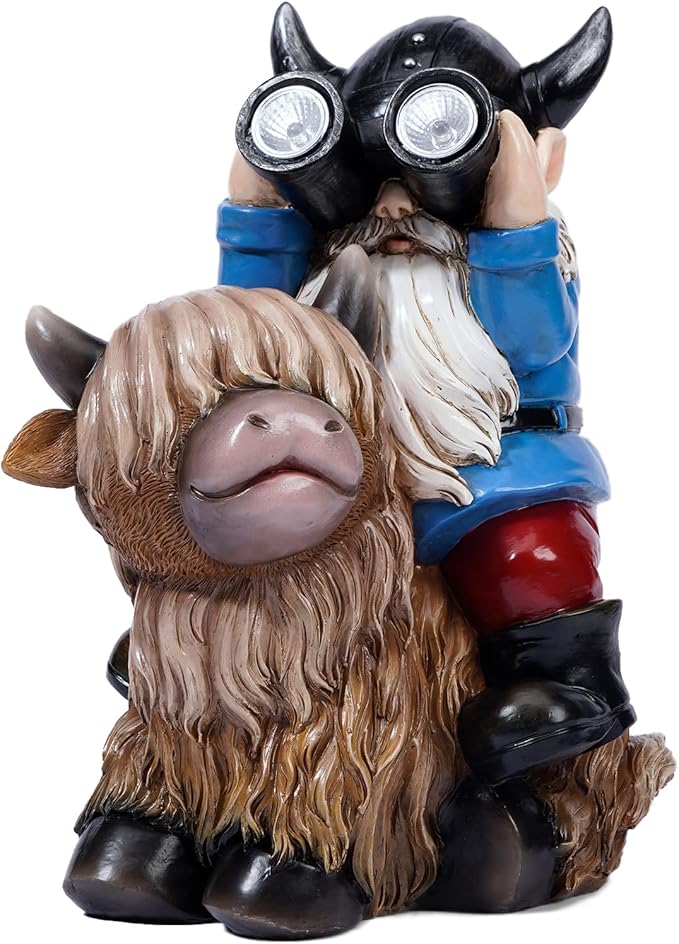 Garden Gnome Statues Resin Gnome Sitting on Highland Cow Solar LED Lights Outdoor Telescope Gnome Decorations