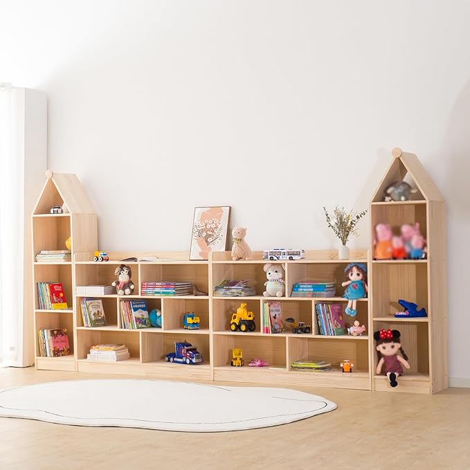 Wooden 7 Compartment Storage Cabinet Organizer Kids 3 Tier Wood Bookshelf School Storage Shelf Classroom Furniture for Kids Natural (47.24" L x 11.81" W x 35.43" H)