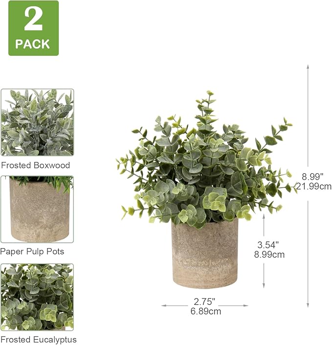 Briful Artificial Potted Plants Set of 2 Small Faux Plant Eucalyptus Mini Fake Plant Decor for Home Table Office Room Desk Bathroom Shelf Kitchen Rustic