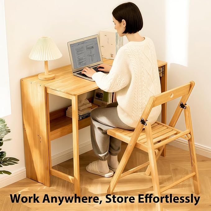 31.5" Bamboo Folding Desk,Space-Saving Computer Desk for Small Spaces, Foldable Study Table for Bedroom, Home Office, Dorm, Apartment（Natural）