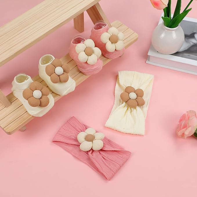 KEAINVRN Baby Girl Headbands and Socks,Non-Slip Grips Socks Flower Soft Hairbands Hair Accessories for Infant Toddler Kids (US, Age, 6 Months, 12 Months, pink beige)