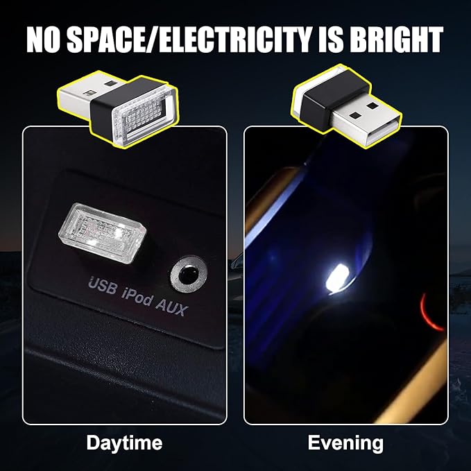 Ziciner 4 PCS USB LED Car Interior Atmosphere Lamp, Portable Mini LED Night Light, Plug-in USB Interface Trunk Ambient Lighting Kit, Car Accessories (White, Blue, Red, Ice Blue)
