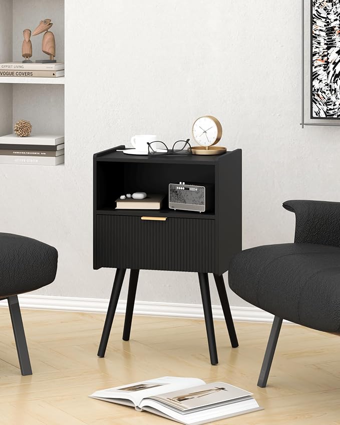 Black Nightstand,Modern Bedside Table with Storage Drawer and Open Wood Shelf, for Living Room, Bedroom and Small Spaces, Accent Night Stand with Solid Wood Legs, Easy Assembly,Classic Black