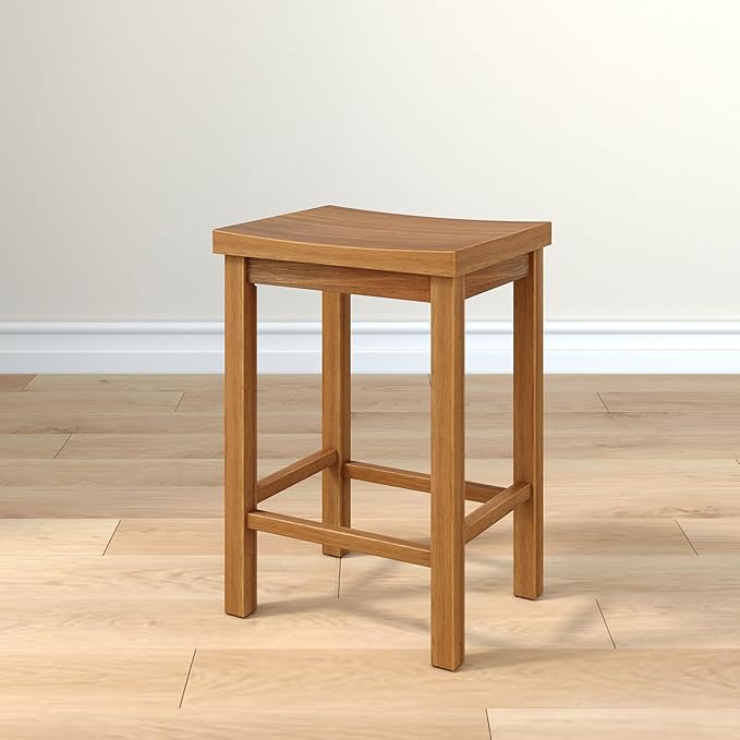 Grain & Grove Smith Collection Solid Wood Counter Height Bar Stool, 24-Inch Saddle Seat Backless Stool, Ideal for Kitchen Island, Dining, or Home Bar Seating, Pecan