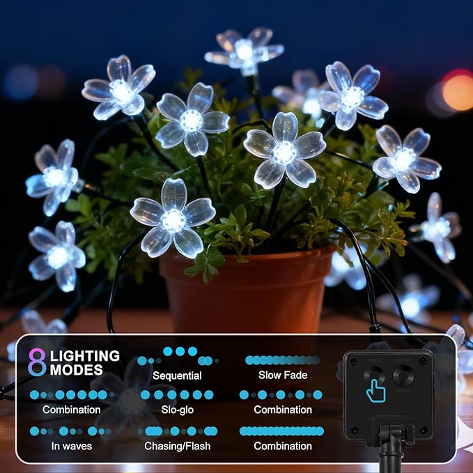 60 LED Solar String Lights Outdoor Waterproof Flower Fairy Lights for Garden Fence Patio Yard Christmas Tree Lawn Wedding Party Decor, Pure White