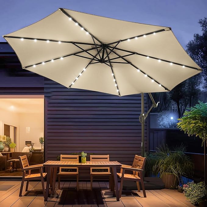 wikiwiki 10ft Solar LED Patio Umbrella with Base Included, Offset Umbrella with Weighted Sandbag Base, Cantilever Patio Umbrellas for Backyard, Garden & Deck, 32 LED Lights & Polyester Shade, Beige