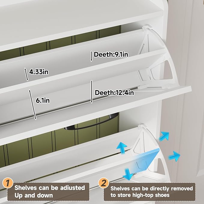 Maupvit Large Shoe Storage Cabinet with 6 Flip Drawers, Freestanding Shoe Organizer with Metal Handles for Entryway, Narrow Shoe Rack Cabinet, White