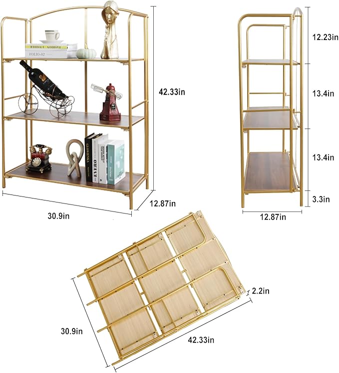 Crofy No Assembly Folding Bookshelf for Living Room, 3 Tier Gold Collapsible Book Shelf for Home Office, Portable Bookcase Storage Organizer
