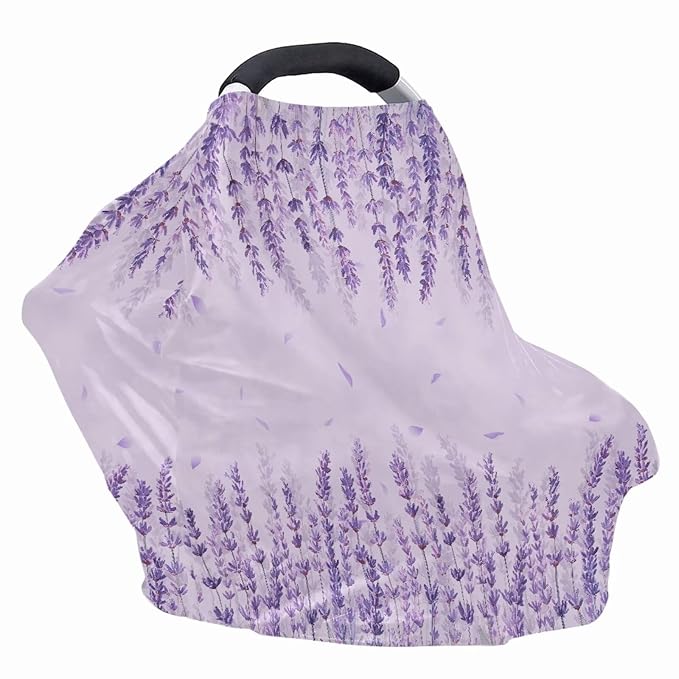 Biyejit Lavender Flowers Car Seat Covers, Baby Car Seat Canopy Carrier Cover Breathable Nursing Cover for Breastfeeding Stretchy Carseat Cover Boys Girls Multi-Use Infant Carseat Stroller Cover