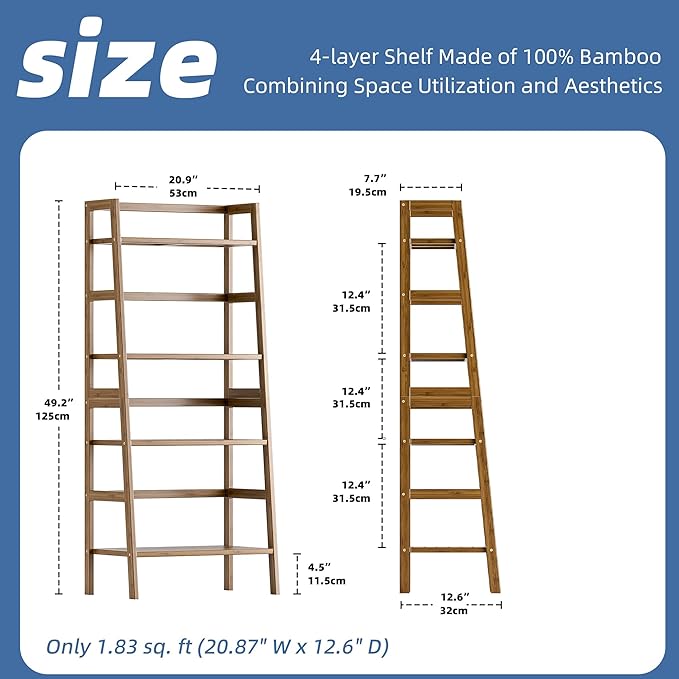 HITNET Ladder Shelf, 4-Tier Bamboo Bookshelf, Freestanding Open Display Storage Rack, Space Saving Flower Plant Display Stand for Bathroom Living Room, Walnut