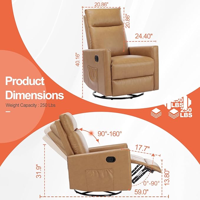 Sweetcrispy Recliner Chair, 360 Swivel Rocker Chair for Adults, Glider Rocker Recliners, Nursery Chairs for Living Room, High Back, Upholstered Deep Seat, Classical Brown