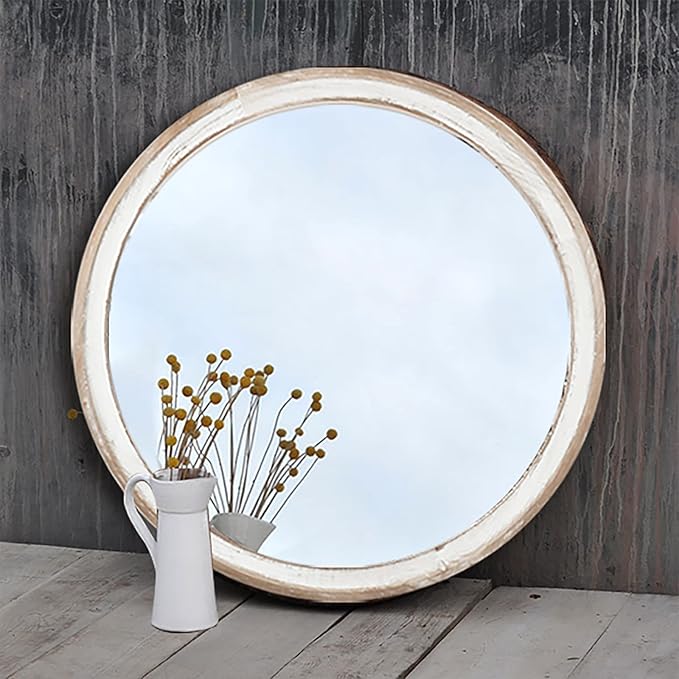 24 Inches Wooden Round Wall Mirror for Bathroom Vanity, Farmhouse Decorative Circle Mirrors with Whitewash Edge, for Bedroom, Entryway, Living Room, Kithen, Home, Office