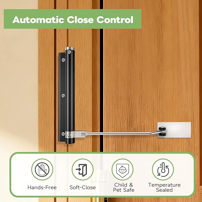 Automatic Door Closer, Stops Door Slamming, Ultra-Quiet Soft Close for Home & Apartment Doors, Upgraded Aluminum Roller Arm, Scratch-Free, Adjustable Speed, Self Closing Spring Door Closer, Silver