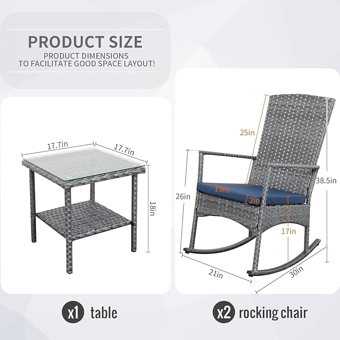 Rocking Chair Outdoor 3 Pieces High-Backed Patio Rocking Chairs Bistro Table and Chairs Set of 2, Navy Blue
