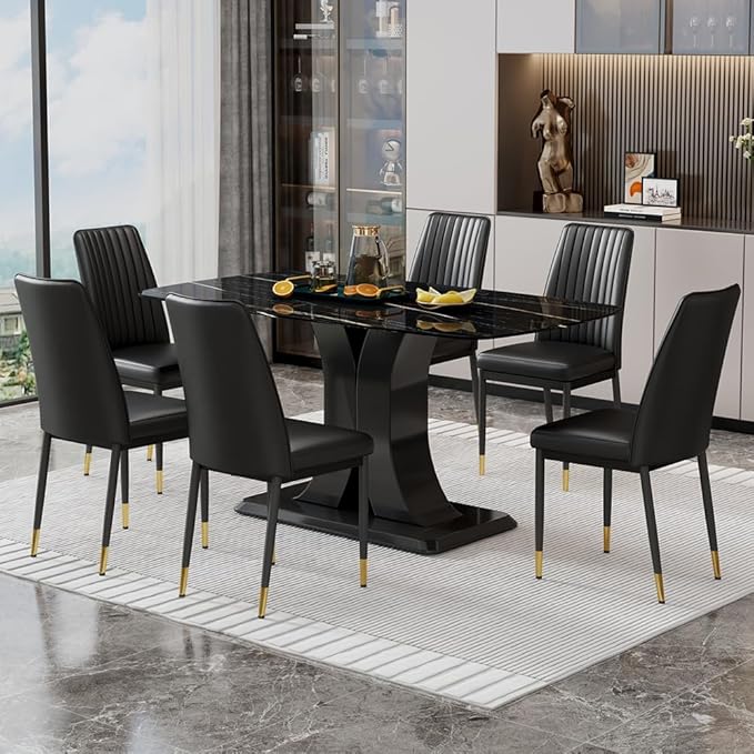 Modern Dining Table Set for 6, Marble Kitchen Table Chair Set for 6, Rectangular Kitchen Table with 6 Pu Leather Upholstered Chair for Dining Room (Black)