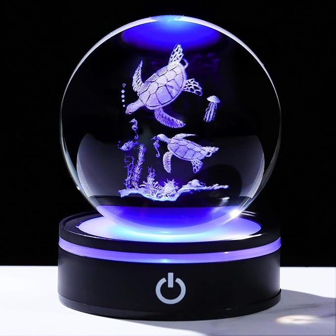 YWHL 3D Sea Turtles Crystal Ball Figurine with LED Base, Laser Sea Turtle Gifts for Women Men on Birthday Christmas, Glass Decorative Turtle Statue Ball Night Light for Home Decor (80mm)