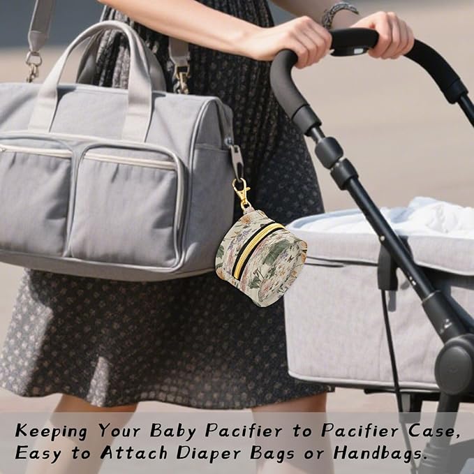 Pacifier Holder with Clip Pacifier Case for Diaper Bag Round Baby Pacifier Pouch Box Bag Portable Beige Flowers and Butterflies Spring