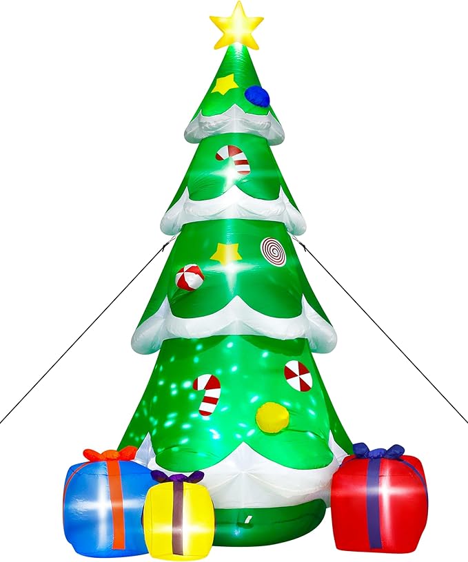 12FT Christmas Tree Inflatables, Giant Blow Up Christmas Tree with Boxes, Lighted Up Xmas Inflatables with Rotating Snowflake Lights for Xmas
