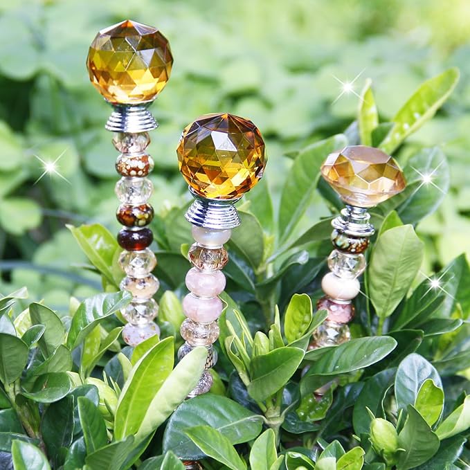 119 Pcs Garden Stake Diy Fairy Wand Plant Stake with Champagne Large Hole Beads Crystal Diamond Stopper Top 4 Stainless Steel Threaded Rod Beaded Garden Stakes For Outdoor Indoor Yard Patio Decoration