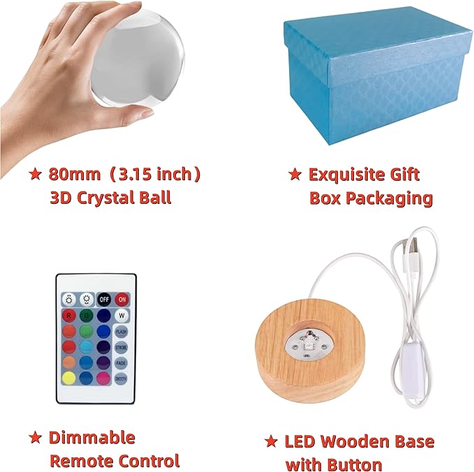 Dolphin Crystal Ball Lamp,3D 3.15 inch K9 Crystal Ball Night Light with Wooden Base Lamp for Room,Dolphin Light Gift,16 Colors Change with Remote Control (D)